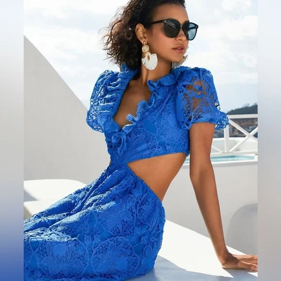 Ruffle Trim Cut Out Waist Lace Overlay Dress - Picture 5 of 8